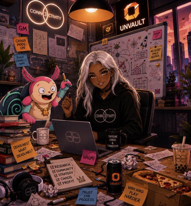 An anime-style illustration of a woman working on a laptop in a cluttered workspace filled with sticky notes reading 'CHAOS MODE ON', 'DEADLINES?', 'WAGMI', 'TRUST THE PROCESS', and 'WORK HARD PLAY HARDER', with logos for 'CONNECTIVITY' and 'UNVAULT' and a pink crab-like creature beside her.