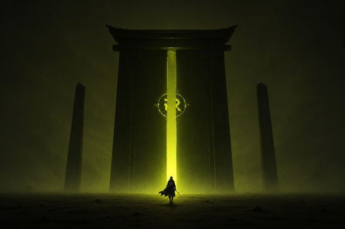 A lone figure stands before a massive, glowing torii gate with a stylized "R" emblem, evoking a sense of mysterious entry—fitting the promotional post's theme of accessing an exclusive Robinhood NFT whitelist through RengersNFT. The bold "R" symbol at the center reinforces the branding central to the giveaway.