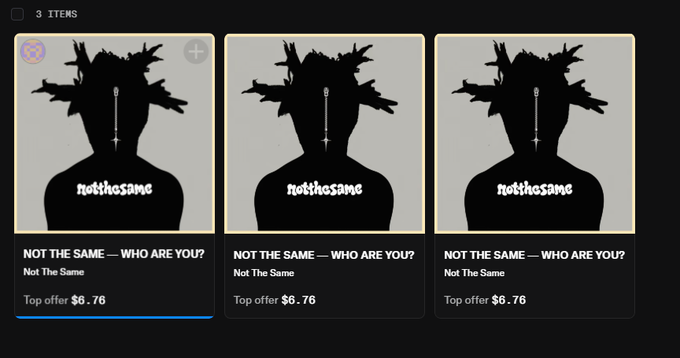 A digital marketplace interface displays three identical items labeled "NOT THE SAME — WHO ARE YOU?" by "Not The Same," each with a "Top offer $6.76," featuring silhouette graphics with dreadlocks and the text "NotTheSame."