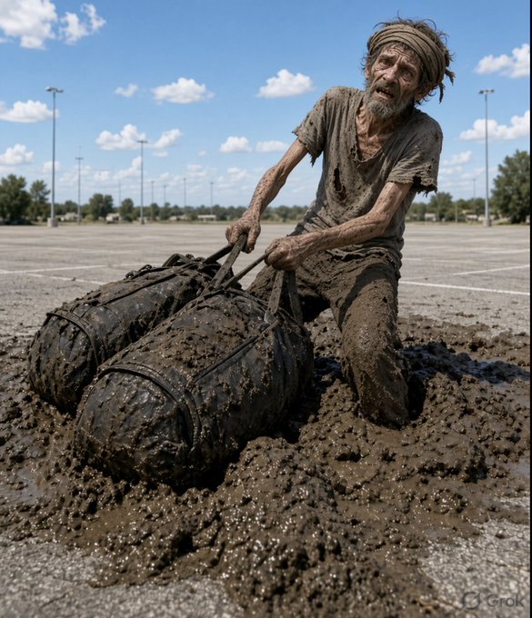 An emaciated, mud-covered man kneels in a vast, empty parking lot, desperately pulling two large, tarp-wrapped bundles through thick mud beneath a bright sun, visually symbolizing exhaustion and futile hope. The scene mirrors the post's ironic "altseason" joke, depicting the weary crypto trader still hauling their altcoin bags despite the bleak, barren outlook.