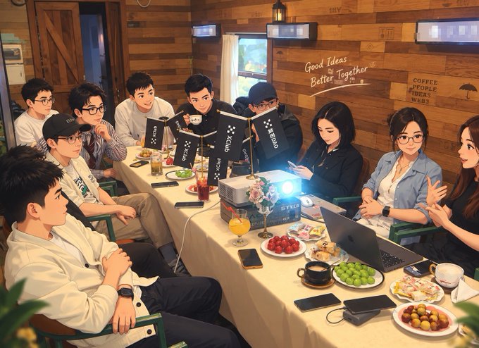 An illustrated scene of people gathered around a long table at a cafe, with a projector and the text 'Good Ideas Better Together' on the wooden wall behind them.