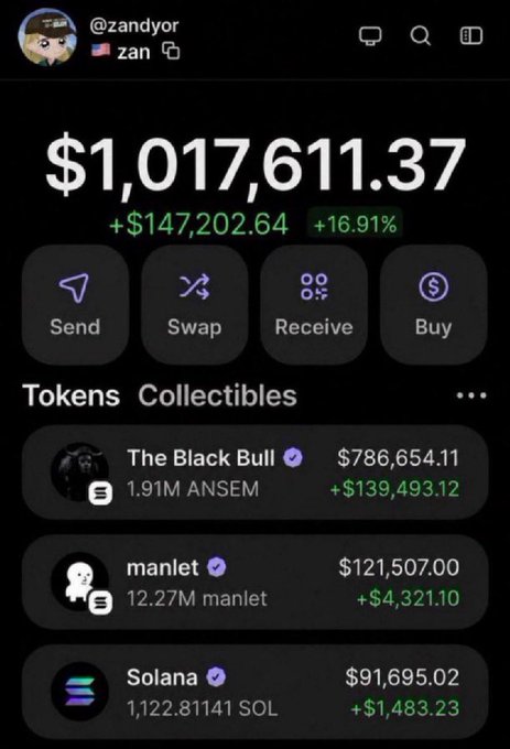 A screenshot of a Phantom wallet for user @zandyor shows a portfolio of $1,017,611.37, with the largest holding being "The Black Bull" ($786,654.11 worth of ANSEM tokens) which gained $139,493.12, illustrating the post's claim that ANSEM has made the poster wealthy and is being promoted as a life-changing coin.