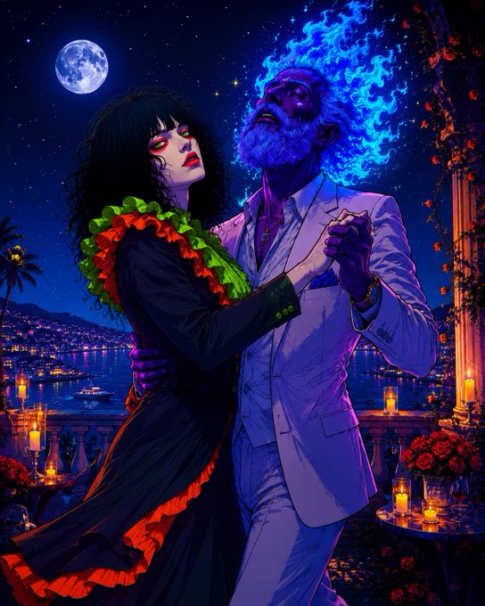 A vibrant, stylized digital illustration of a couple dancing under a starry, moonlit sky; the woman has dark hair and wears a dress with colorful ruffles, while the man has a beard and head made of blue flames, set against a coastal backdrop with glowing candles.