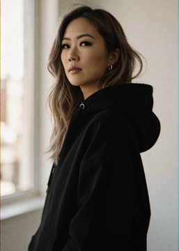 A portrait photo of a young woman with wavy light brown hair wearing a black hoodie, standing near a window with soft natural light.