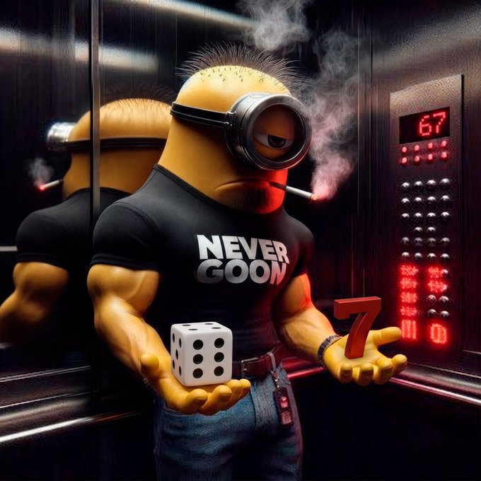 A muscular yellow cartoon character wearing goggles and a "NEVER GOON" shirt smokes a cigarette while holding a dice and a red "7" inside a metallic elevator next to a digital display showing "67," visually parodying the phrase "67" and tying into the post about @sixsevenapp's iterative game-testing feedback loop.