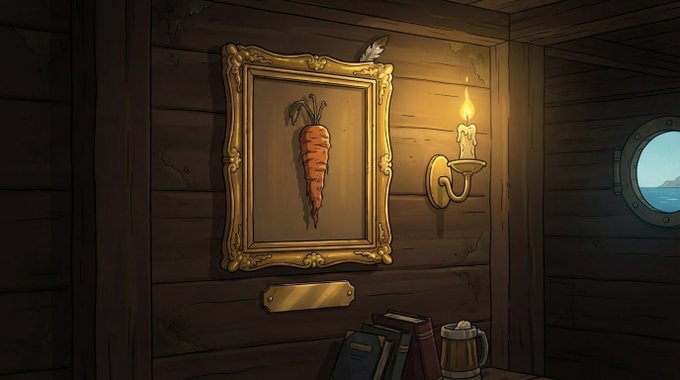 A cartoonish wooden room with a gold-framed painting of a carrot, a lit candle sconce, and a porthole window. The image humorously contrasts an ornate "fine art" portrait of a carrot with a rustic tavern-like setting, matching the playful absurdity of "Credentials $GUGO."