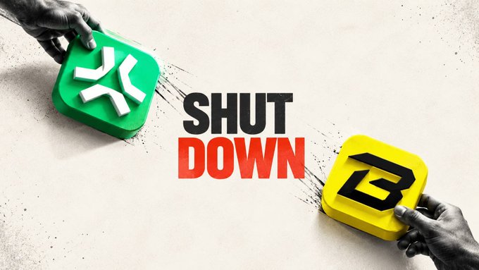 A graphic illustration shows hands pulling apart green 'X' and yellow app icon blocks with the text 'SHUT DOWN' in black and red between them.