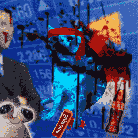 An abstract, energetic depiction of a blue cat with a red bandana stands on a stock market graph, while a man in a suit and a stylized alien look on. The image reflects the post's message about rising floor prices in the NFT market.
