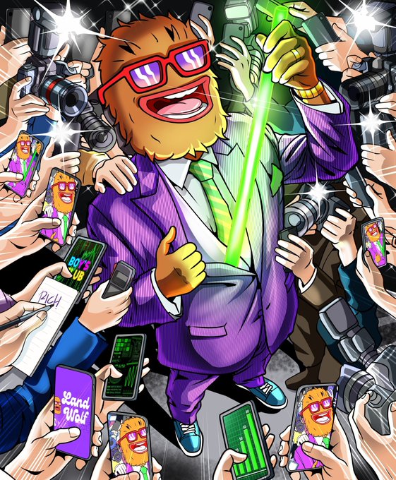 A cartoonish orange-furred wolf mascot in a purple suit and red sunglasses gives a thumbs-up while wielding a green light beam, surrounded by a crowd of photographers, smartphones, and cameras with one phone screen displaying "2and WOLF." The image visually captures the "WOLF" ticker referenced in the post, portraying the character as a sudden viral celebrity sensation amid a frenzy of flashing media attention.