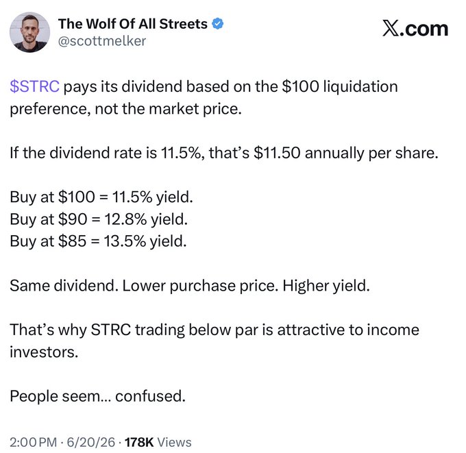The image shows a screenshot of a text conversation between a man named Scott Melker and another individual, who has been referred to as "scottie". The text suggests that they are discussing STRC trading strategies or dividend preferences, and Scott Melker is defending his preferred strategy which involves buying shares at $100 and earning 11.5% in yield annually per share, while the other person is trying to challenge this preference by stating that his preferred strategy has a lower purchase price of $88 and yields 13.56% annually per share. The image also reveals that Scott Melker's account holds $17K worth of shares currently held at STRC trading below par, which indicates he might be upset or puzzled about the current state of his investment.