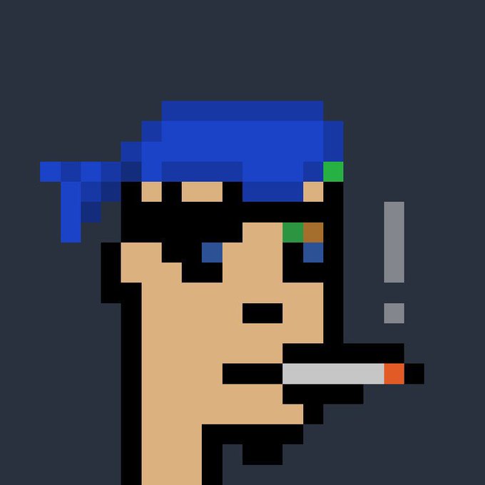 Pixel art portrait of a person with blue hair, heterochromatic eyes (blue and green/brown), holding a cigarette, with an exclamation mark nearby.