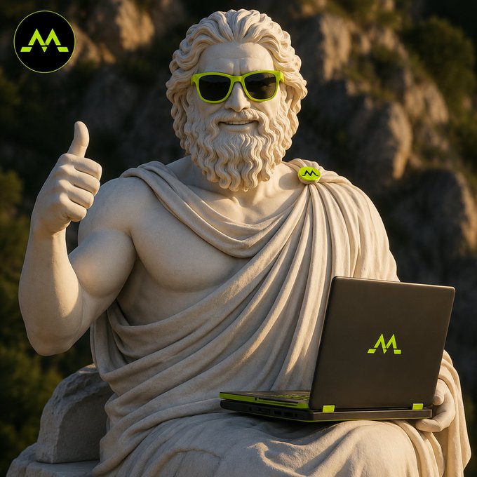 A 3D rendered image of a classical Greek statue, resembling Zeus or Poseidon, wearing neon green sunglasses and using a laptop with a matching green logo, giving a thumbs up.