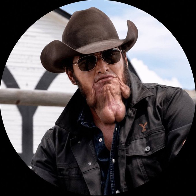 A man wearing a cowboy hat, aviator sunglasses, and a dark leather jacket stands in front of what appears to be a barn, with a notably weathered and puckered chin—giving the facial expression an exaggerated, puckered look that humorously evokes the "Balls Tingling" caption.