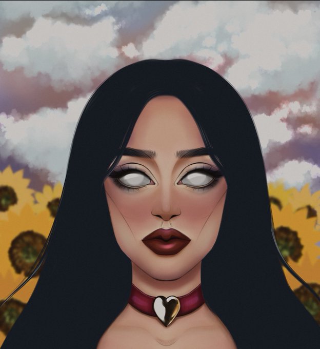 A stylized digital illustration portrays a pale woman with long black hair, blank white eyes, and dark lipstick, wearing a red choker with a heart pendant, set against a background of sunflowers and a cloudy sky.
