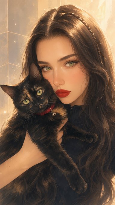 Digital artwork portrait of a young woman with long brown hair and red lipstick holding a tortoiseshell cat with a red collar.