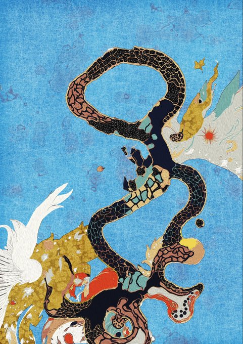 A serpentine, mosaic-like dragon-like creature coils across a blue background alongside a golden qilin and a white crane, rendered in intricate patterns. The image illustrates the post's theme of a collector holding a rare "Serpent State" NFT piece by Emily Xie, betting it will appreciate like the trending Qilins before the broader market catches on.