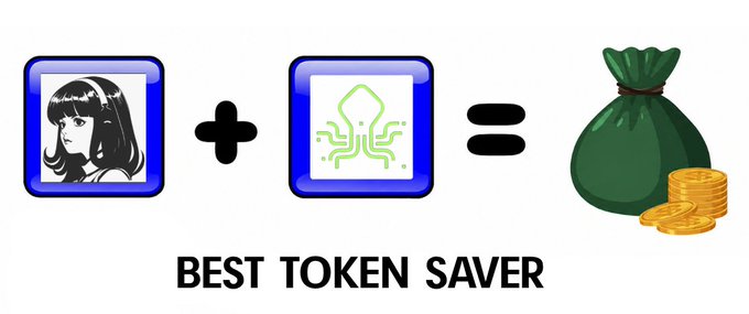 The image illustrates a visual equation: a portrait icon + an AI/compute icon = a money bag with gold coins, labeled "BEST TOKEN SAVER," symbolizing efficiency and cost savings. It reinforces the post's message that connecting a local agent to ONcompute's MCP streamlined compute jobs and reduced token/expenditure costs, making Ocean Network compute a valuable, resource-saving part of their stack.