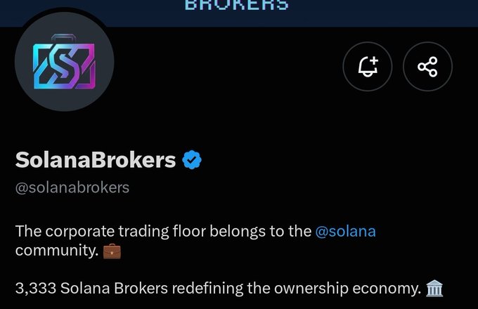 The image shows the official X (formerly Twitter) profile page for "SolanaBrokers" (@solanabrokers), featuring a verified blue checkmark, a briefcase-style logo with "SB" initials in pink and purple, and a bio reading: "The corporate trading floor belongs to the @solana community. 💼" and "3,333 Solana Brokers redefining the ownership economy. 🏛️" This aligns directly with the accompanying post, which announces the user's intention to mint from the @solanabrokers collection, citing the same 3,333 supply and free mint details, while speculating about a potential 3-4 SOL floor price for the project.