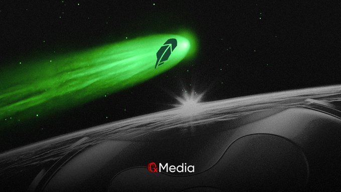 A sci-fi image showing a green comet or object with a leaf-like symbol streaking through space above a dark planet, with 'Media' logo at the bottom.