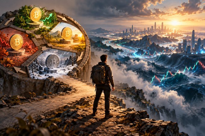 A digital artwork depicting a person with a backpack standing on a rocky outcrop, looking out at a futuristic city in the clouds, with a Bitcoin-themed wheel to the left.
