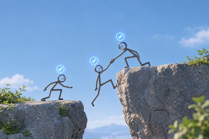 A conceptual illustration of three stick figures with checkmark icons above their heads, with two figures helping each other climb across a gap between rocky cliffs against a blue sky.