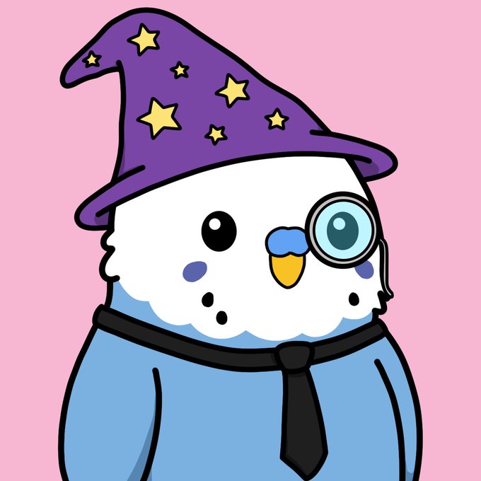 A cartoon white owl wearing a purple wizard hat decorated with yellow stars, a monocle, and a black tie over a light blue shirt, set against a pink background.