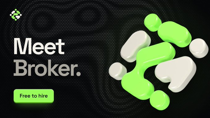 A digital advertisement on a black background featuring a 3D green and white blob logo with the text 'Meet Broker.' and a green button reading 'Free to hire'.