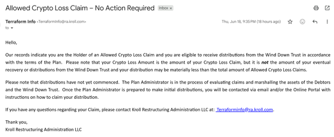 The image shows a letter written by an individual named Luna, which was sent via email. The content of the letter discusses a collapsed cryptocurrency exchange called UST (Usury Trust) that occurred in May 2002. The letter also mentions that there might be claims for the initial distributions made during this collapse.