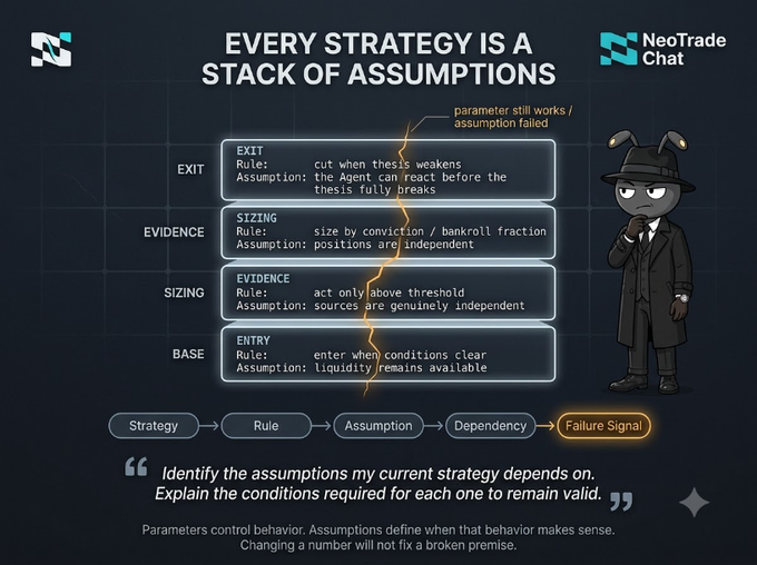 An infographic titled 'EVERY STRATEGY IS A STACK OF ASSUMPTIONS' by NeoTrade Chat, detailing rules and assumptions for trading strategies, accompanied by a cartoon detective character.