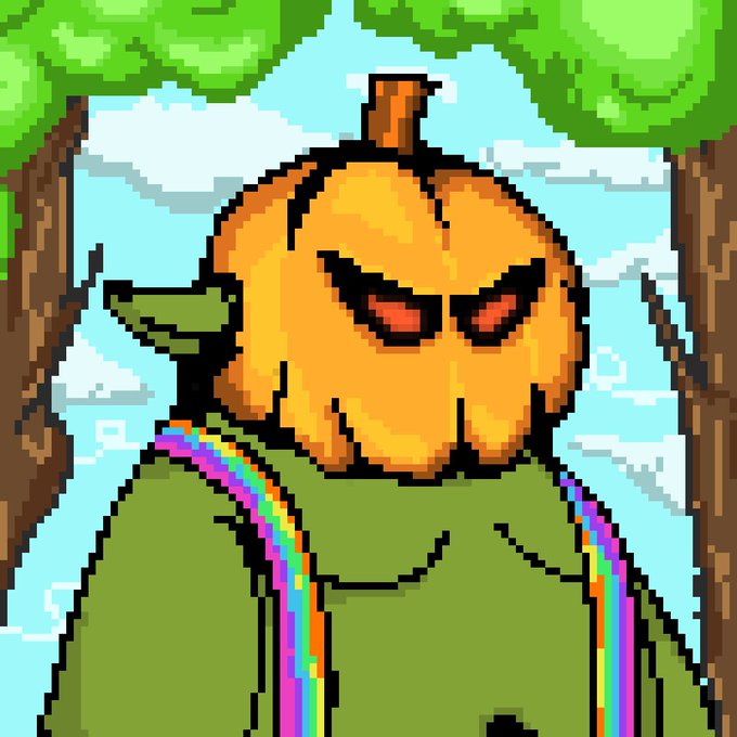 Pixel art shows a menacing orange jack-o'-lantern-headed character in a green hoodie standing between trees under a blue sky.