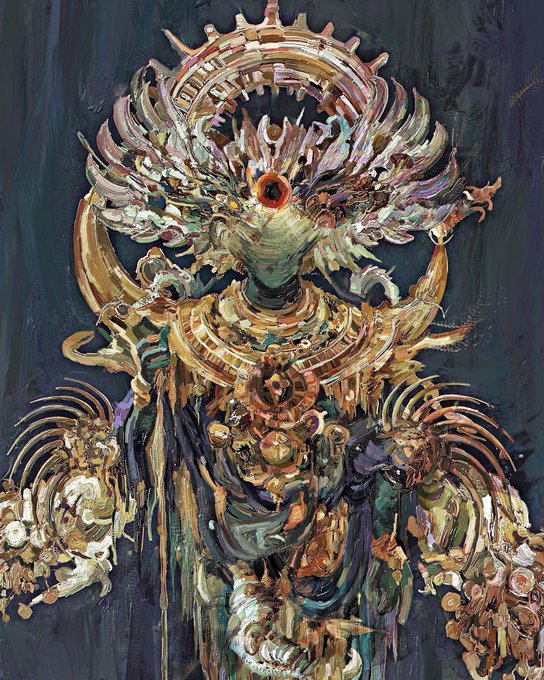 A highly detailed, ornate painting of an otherworldly figure adorned in gold and metallic textures, featuring a single large red eye at its center.