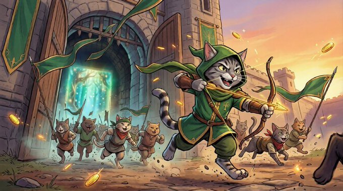 A cartoon tabby cat dressed in green Robin Hood attire leads a group of feline followers charging through a castle gate, with coins flying through the air. The image visually represents the post's message about $NINEHOOD emerging as a community-driven opportunity within the Robinhood ecosystem, with the cat thief and his crew symbolizing early adopters rallying behind the project before wider recognition.
