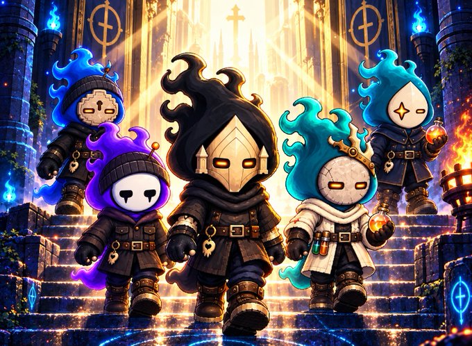 A fantasy artwork depicting five chibi-style characters with colorful flame-like hair and masked faces standing on stone steps before a glowing cathedral.