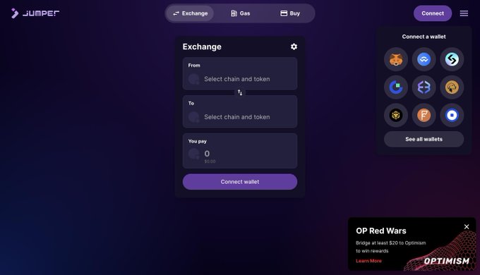 A dark-mode view of the Jumper Exchange platform with an empty exchange form and a 'Connect a wallet' menu displaying various wallet options including MetaMask and others.
