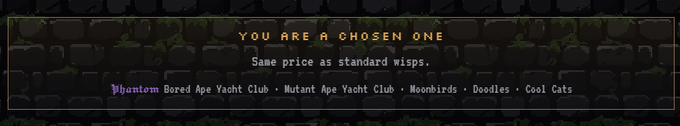A website banner with a stone background reading 'YOU ARE A CHOSEN ONE - Same price as standard wisps.' featuring NFT collections like Bored Ape Yacht Club, Mutant Ape Yacht Club, Moonbirds, Doodles, and Cool Cats.