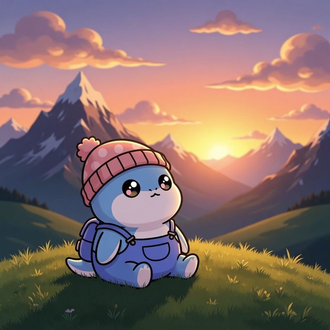 A cute cartoon illustration of a blue cat-like creature wearing a pink beanie and blue overalls, sitting in a grassy field with mountains and a glowing sunset in the background.