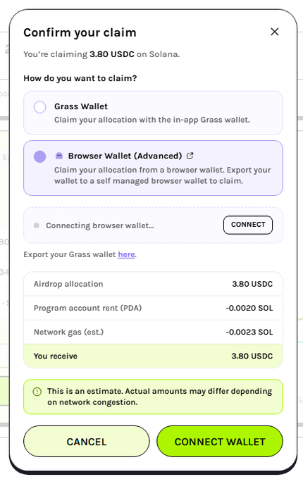 A mobile app screen showing a 'Confirm your claim' dialog for 3.80 USDC on Solana, with options to claim via Grass Wallet or Browser Wallet (Advanced), displaying airdrop allocation and network gas fees.