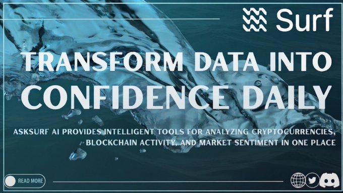 An advertisement for 'Surf' displaying 'TRANSFORM DATA INTO CONFIDENCE DAILY' over a water background, noting that AskSurf AI provides intelligent tools for analyzing cryptocurrencies, blockchain activity, and market sentiment.