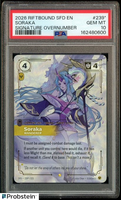 A PSA 10 graded 2026 Riftbound Soraka - Wanderer signature overnumbered card #239, showing the character artwork and pricing details of $1,495.00, up 14% from $1,316.99.