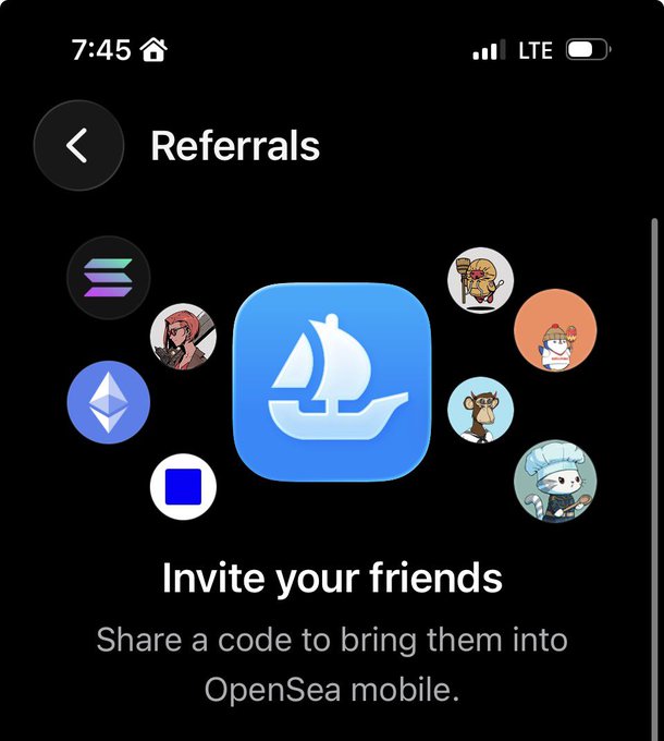 A mobile app screen titled 'Referrals' for OpenSea, displaying the app's sailboat logo surrounded by various NFT avatar icons, with the text 'Invite your friends - Share a code to bring them into OpenSea mobile.'