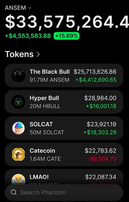 A Phantom wallet screenshot displays a portfolio valued at $33,575,264.43 (+15.69%) with notable holdings including "The Black Bull" ($25,713,626.86), "Hyper Bull" ($28,964), "SOLCAT" ($23,921.19), "Catecoin" ($22,783.62), and "LMAO!" ($22,087.34). The image relates to the post by showcasing SOLCAT as a portfolio asset, supporting the post's argument about Solana's cat coin potential.
