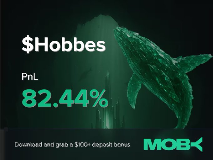 A promotional graphic from Moby featuring a large green whale image alongside "$Hobbes" with a PnL of 82.44%, highlighting a trader's winning position that aligns with the post's announcement of the successful trade and the token's price growth.