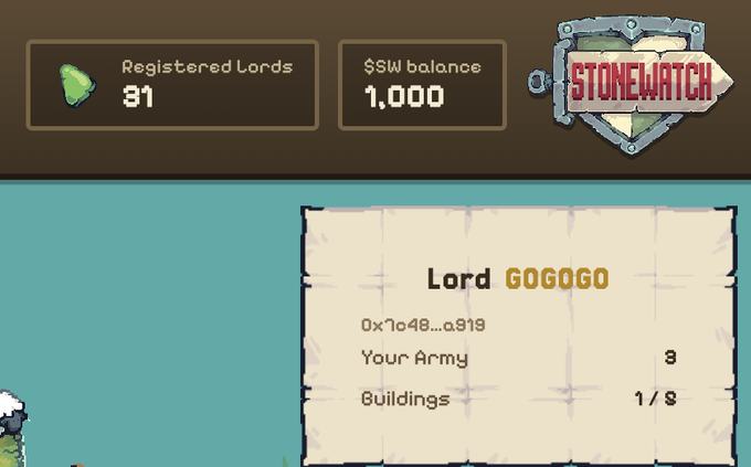 Screenshot from a pixel-art style game called 'Stonewatch' showing 'Registered Lords: 31' and a '$$W balance: 1,000' for Lord 'GOGOGO'.