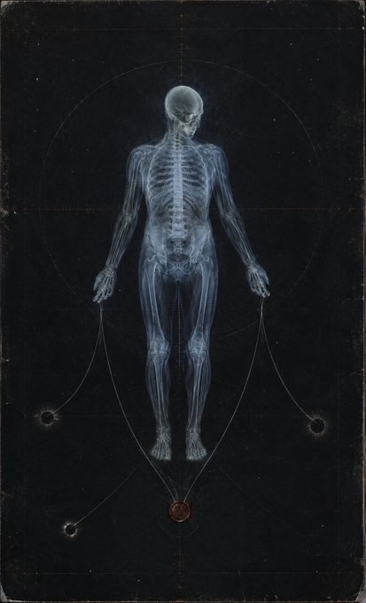 A dark, surreal illustration of a translucent skeletal figure standing within geometric circles and lines, with smaller connected orbs positioned below its feet.