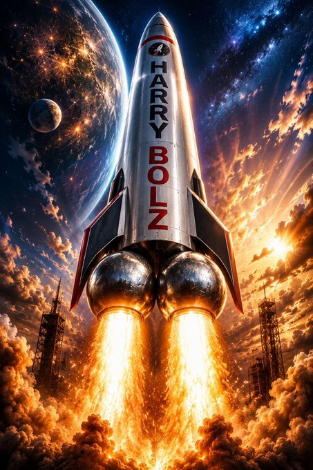 A dramatic digital illustration of a silver rocket launching into space, featuring the name "HARRY BOLN" emblazoned vertically on its side, with twin engines blazing bright orange flames against a cosmic backdrop showing Earth and the moon.