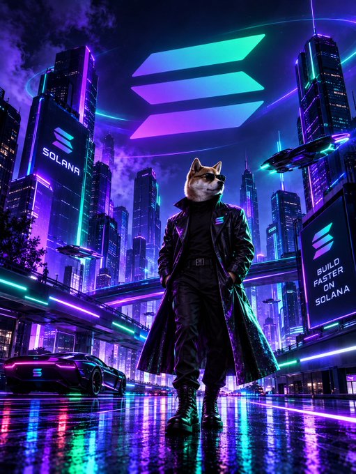 A futuristic cyberpunk-style illustration featuring an anthropomorphic cat wearing a long black coat, standing in a neon-lit cityscape with the Solana logo prominently displayed and the tagline "BUILD FASTER ON SOLANA."