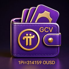 A stylized purple wallet displaying the Pi coin logo alongside "GCV" text and the exchange rate "1Pi=314159 OUSD" sits on a dark background, visually reinforcing the post's emphasis on the Pi cryptocurrency ecosystem and the warning to hold rather than offload Pi coins ahead of anticipated real-world adoption.