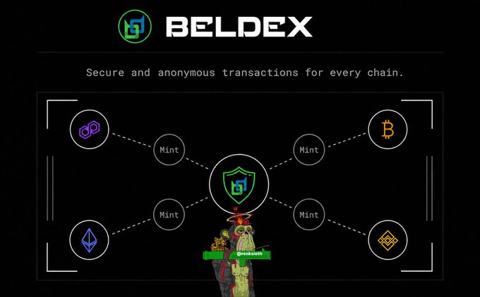 An infographic for 'BELDEX' stating 'Secure and anonymous transactions for every chain,' displaying icons of various cryptocurrencies (Polygon, Bitcoin, Ethereum, Binance) connected to a central shield logo with 'Mint' labels.