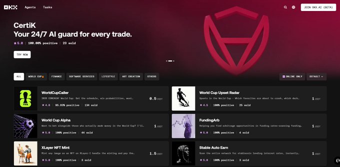 A screenshot of the OKX website featuring CertiK services, with the tagline 'Your 24/7 AI guard for every trade' and listings including WorldCupCaller, World Cup Upset Radar, World Cup Alpha, FundingArb, XLayer NFT Mint, and Stable Auto Earn.