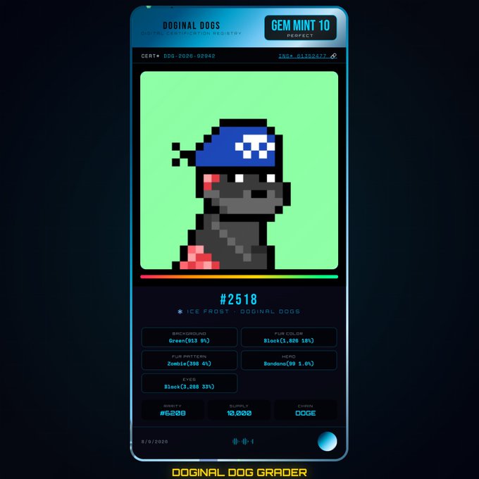 A 'Doginal Dogs' digital certificate displayed on a phone-like interface showing 'Gem Mint 10' for a pixel art dog NFT #2518 with attributes including 'Ice Frost' fur and 'Zombie' pattern.